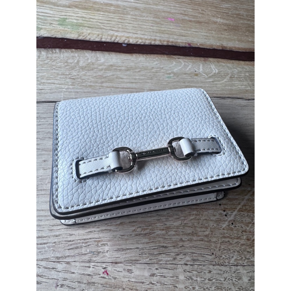 Michael Kors Carson White Pebbled Leather Wallet Small Card Case Silver Tone